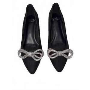 NEW Jones New York Black Pointed Toe Flats with Rhinestone Bow Accent Size 7M
